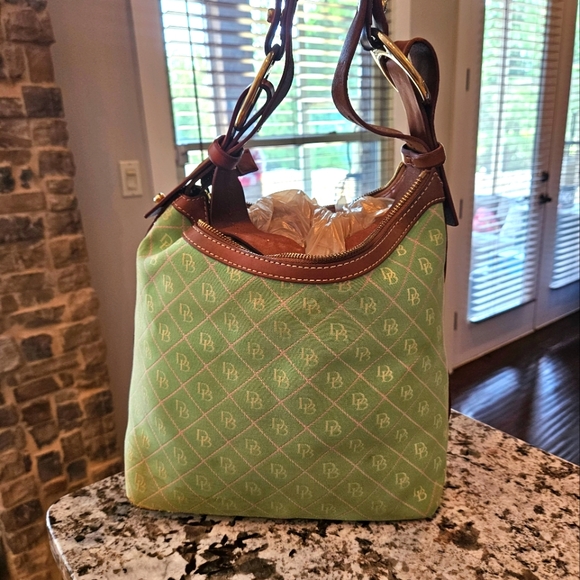 Y2K DOONEY & BOURKE Green Pink White Monogram Logo Shoulderbag w Leather Strap - Picture 12 of 17